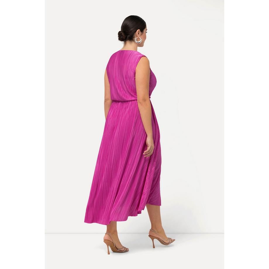 Ulla Popken Plissee Maxikleid drapiert V-Ausschnitt ärmellos  