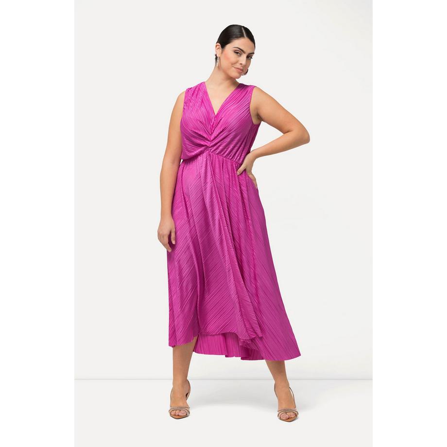 Ulla Popken Plissee Maxikleid drapiert V-Ausschnitt ärmellos  