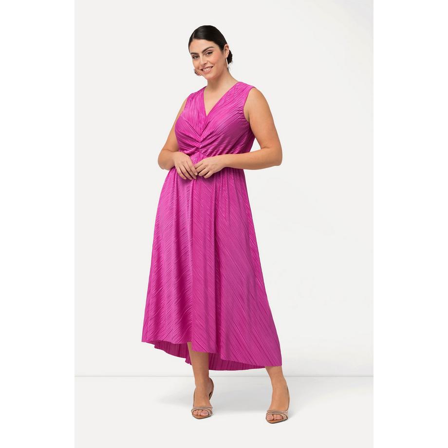 Ulla Popken Plissee Maxikleid drapiert V-Ausschnitt ärmellos  