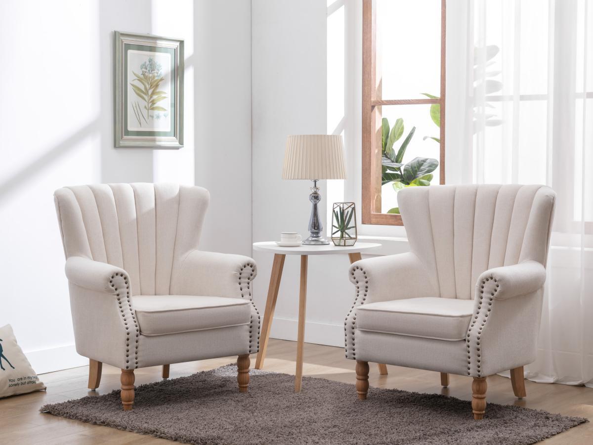 Vente-unique Fauteuil en tissu crème finition cloutée BATOUMI  