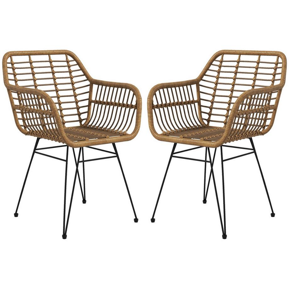 Esszimmerstühle 2er Set Essstuhl mit Rückenlehne Küchenstühle mit Rattenoptik Wohnzimmerstuhl Stahl Hellbraun