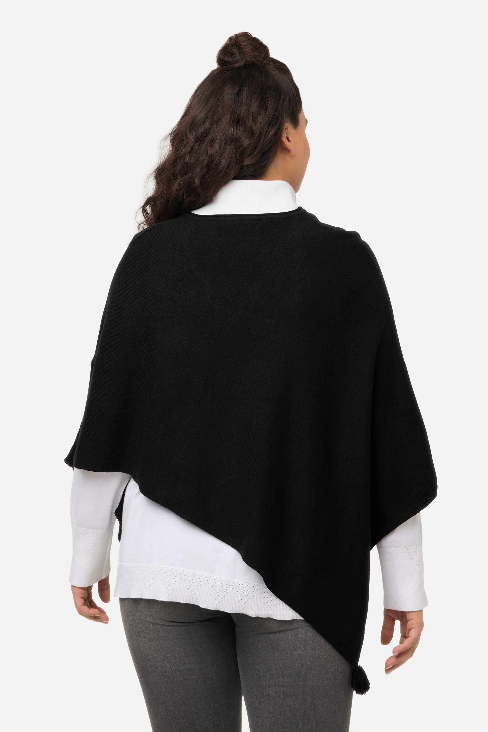 Ulla Popken  Poncho en maille, finition en pointe, pompon, col en V, sans manches 