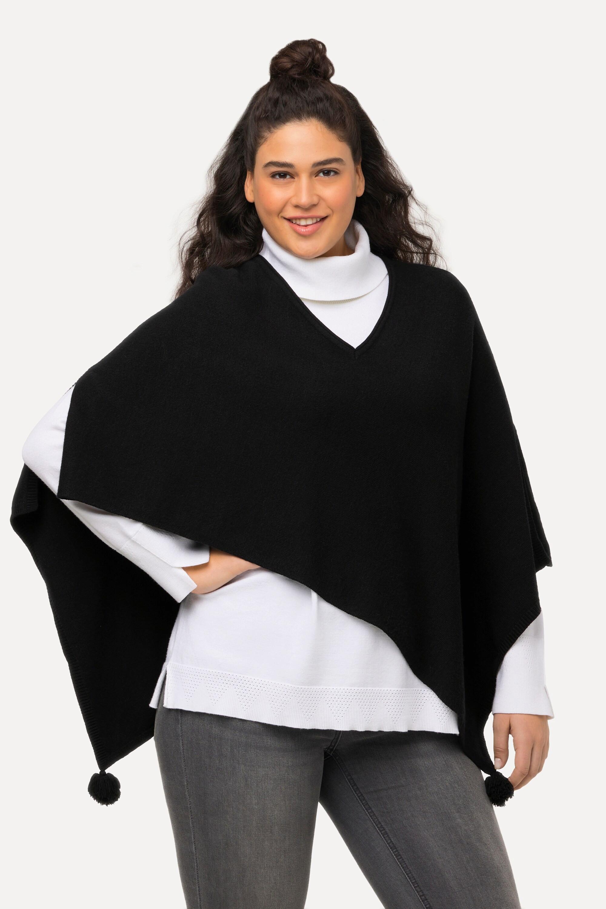 Ulla Popken  Poncho en maille, finition en pointe, pompon, col en V, sans manches 