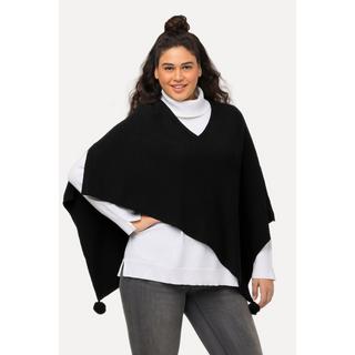 Ulla Popken  Poncho en maille, finition en pointe, pompon, col en V, sans manches 