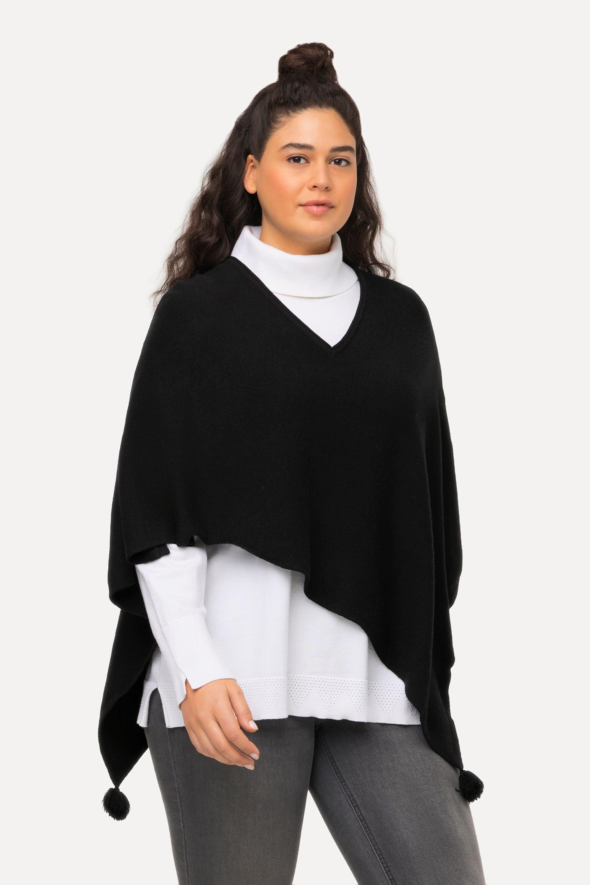 Ulla Popken  Poncho en maille, finition en pointe, pompon, col en V, sans manches 