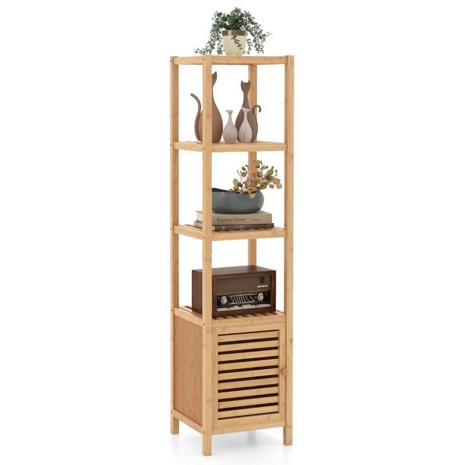 Northix Mensola da bagno in bambù con 4 livelli di ripiani e anta a doghe 34 x 33 x 140 cm naturale  