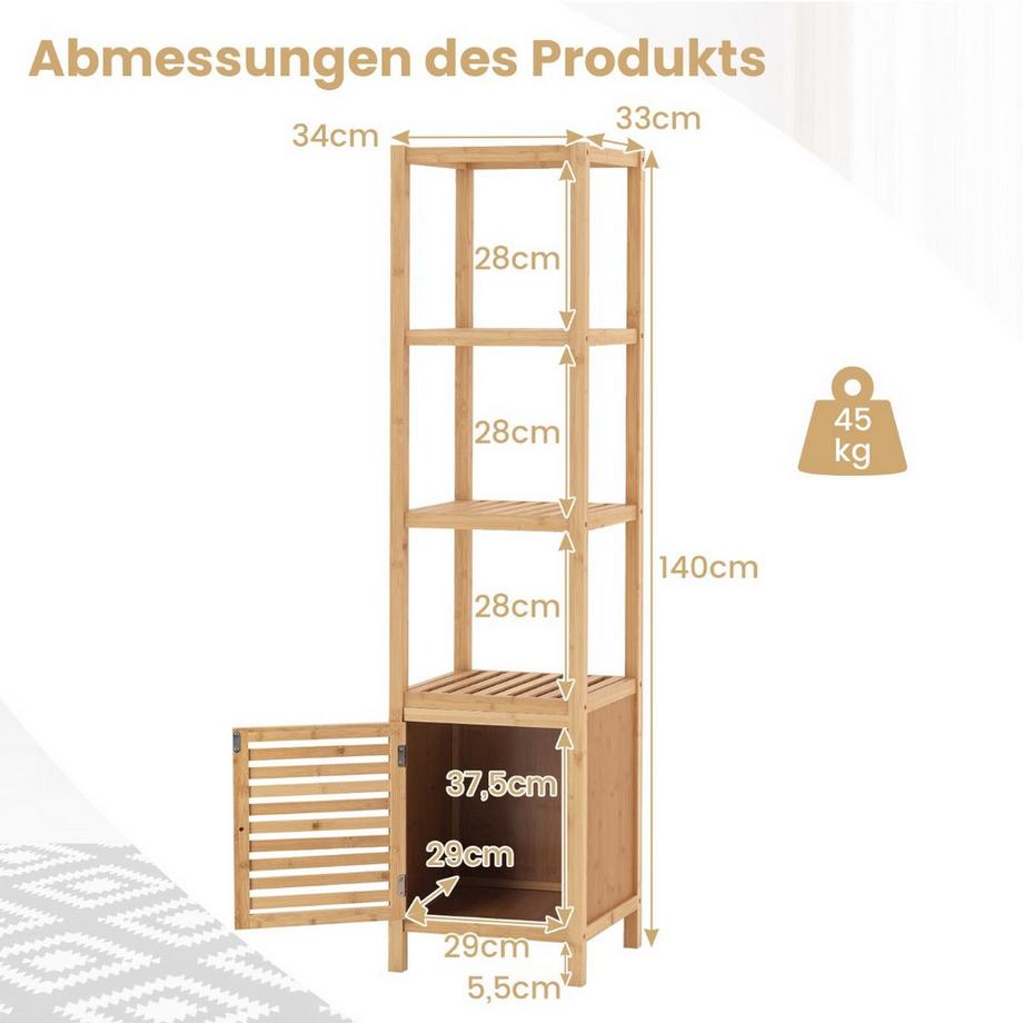 Northix Mensola da bagno in bambù con 4 livelli di ripiani e anta a doghe 34 x 33 x 140 cm naturale  