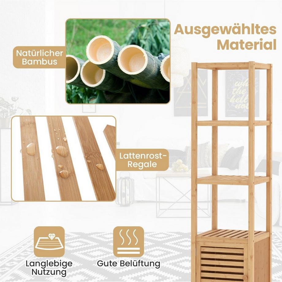 Northix Mensola da bagno in bambù con 4 livelli di ripiani e anta a doghe 34 x 33 x 140 cm naturale  