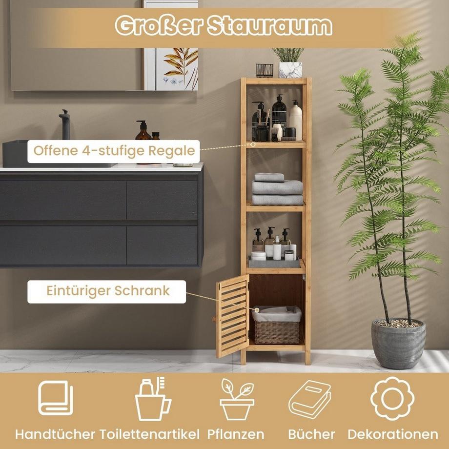 Northix Mensola da bagno in bambù con 4 livelli di ripiani e anta a doghe 34 x 33 x 140 cm naturale  