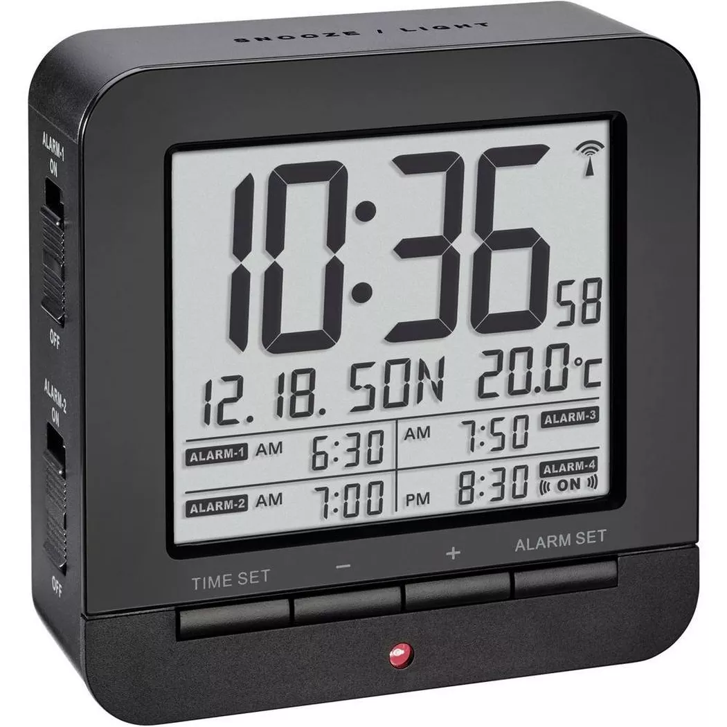 TFA Dostmann 60.2536.01 radiopiloté(e) Réveil noir Heures de réveil 4