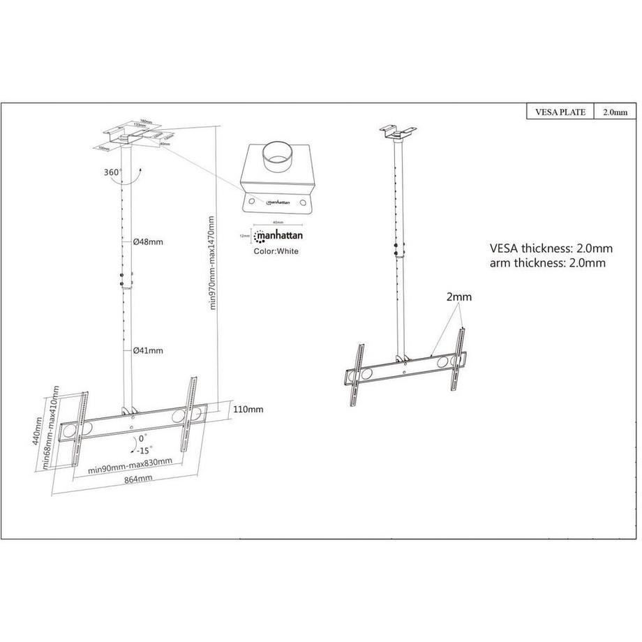 Manhattan  Universal TV-Deckenhalterung, Geeignet für Bildschirme von 37" bis 70"* und bis zu 50 kg, 0Â° bis -15Â° neigbar, 360Â° schwenkbar, Teleskopstange 105 bis 156 cm ausziehbar, 