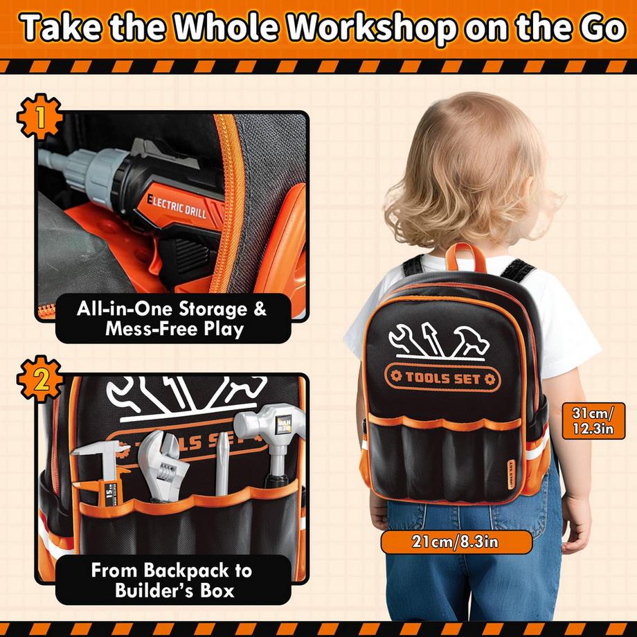 Activity-board  Boîte à outils pour Enfants, Lot de 50 avec sac à dos, Outils pour Enfants avec Perceuse et Casque de Construction 