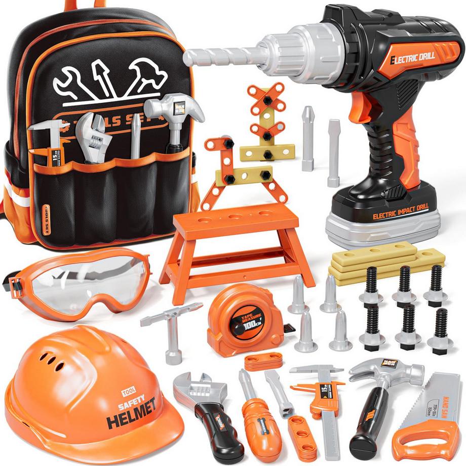 Boîte à outils pour Enfants, Lot de 50 avec sac à dos, Outils pour Enfants avec Perceuse et Casque de Construction