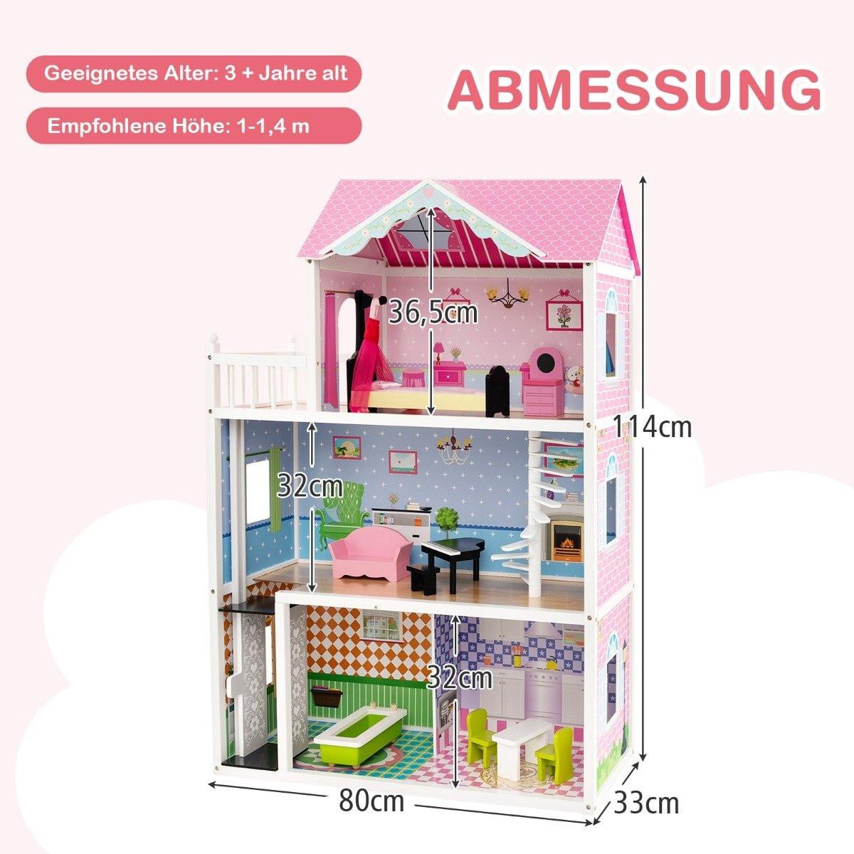 B2X  Puppenhaus Holz Puppenstube mit Möbeln & Zubehör 3 stöckiges Dollhouse Spielzeug 80 x 33 x 114 cm 