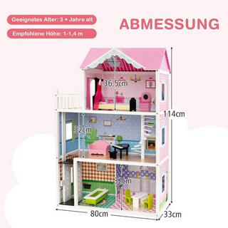 B2X  Puppenhaus Holz Puppenstube mit Möbeln & Zubehör 3 stöckiges Dollhouse Spielzeug 80 x 33 x 114 cm 
