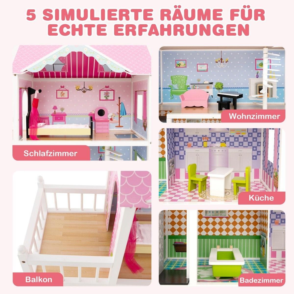 B2X  Puppenhaus Holz Puppenstube mit Möbeln & Zubehör 3 stöckiges Dollhouse Spielzeug 80 x 33 x 114 cm 