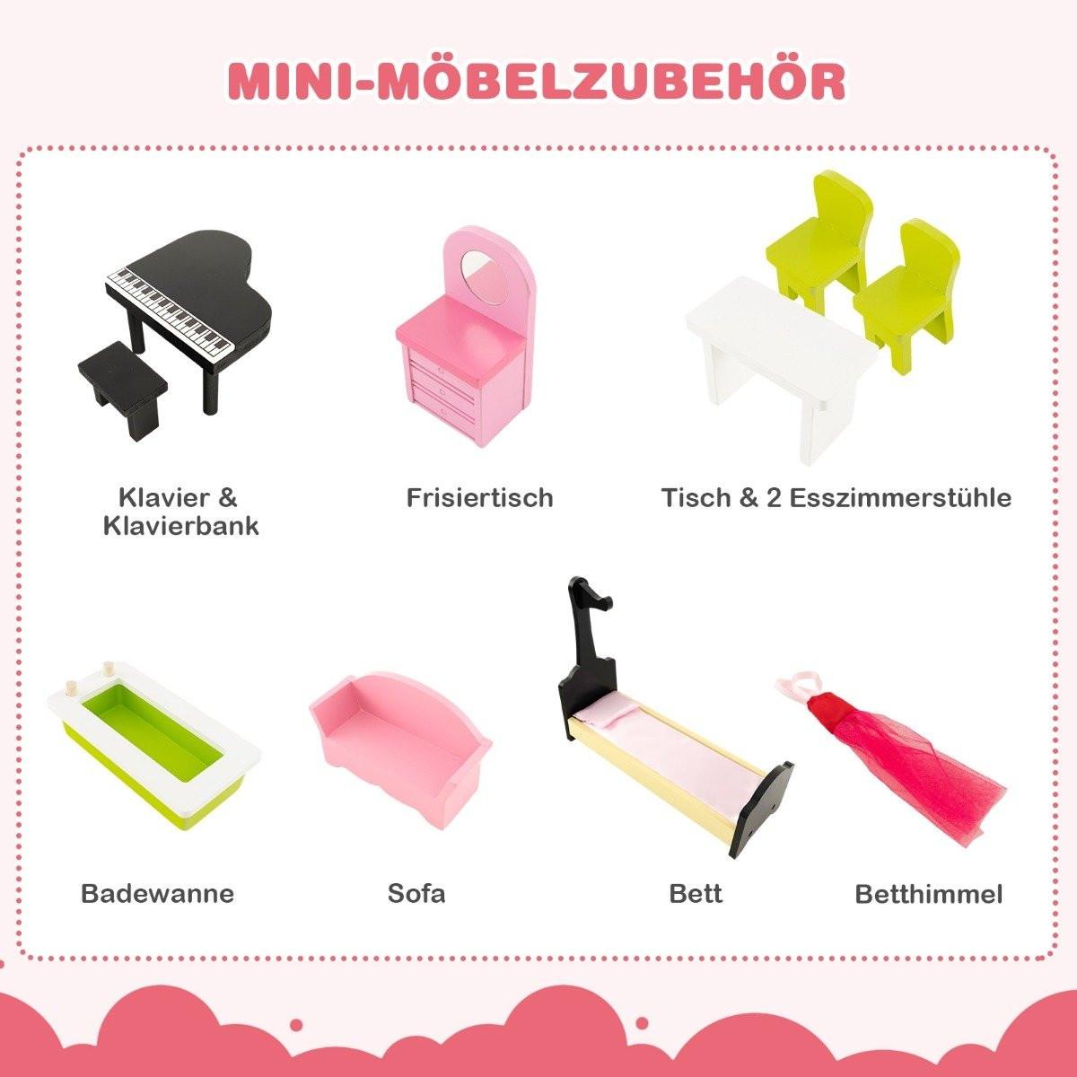 B2X  Puppenhaus Holz Puppenstube mit Möbeln & Zubehör 3 stöckiges Dollhouse Spielzeug 80 x 33 x 114 cm 