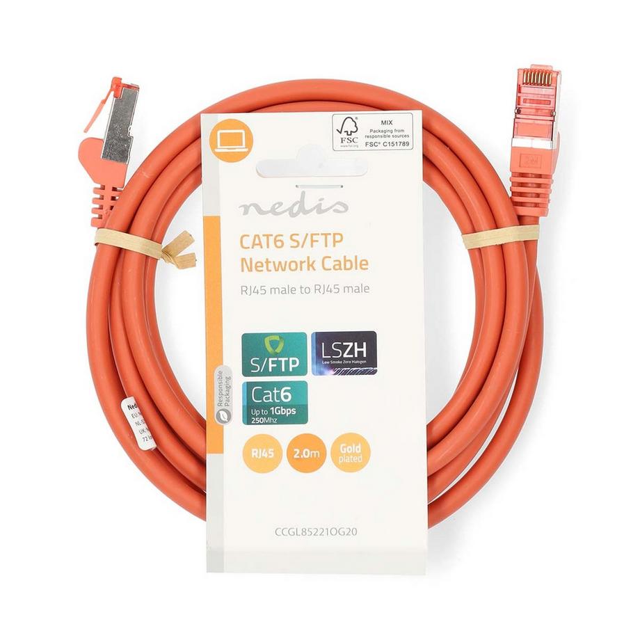 Nedis  Câble réseau CAT6 | RJ45 mâle | RJ45 mâle | S/FTP | 2.00 m | Rond | LSZH | Orange | Etiquette 