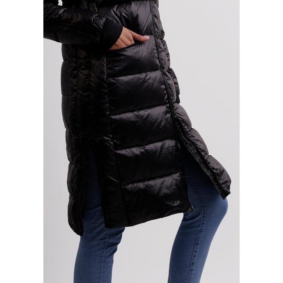 CASH-MERE.CH Long Manteau Matelassé en Duvet avec Capuche et Doublure Cachemire Aspect Brillant  