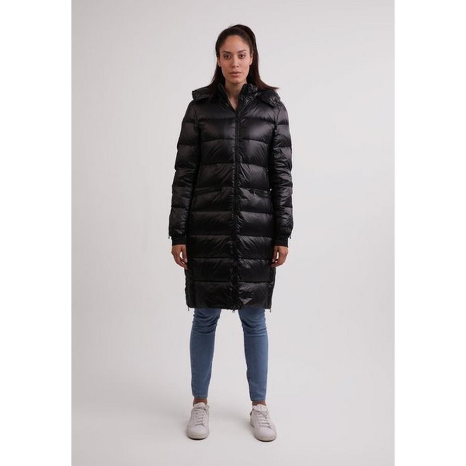 CASH-MERE.CH Long Manteau Matelassé en Duvet avec Capuche et Doublure Cachemire Aspect Brillant  