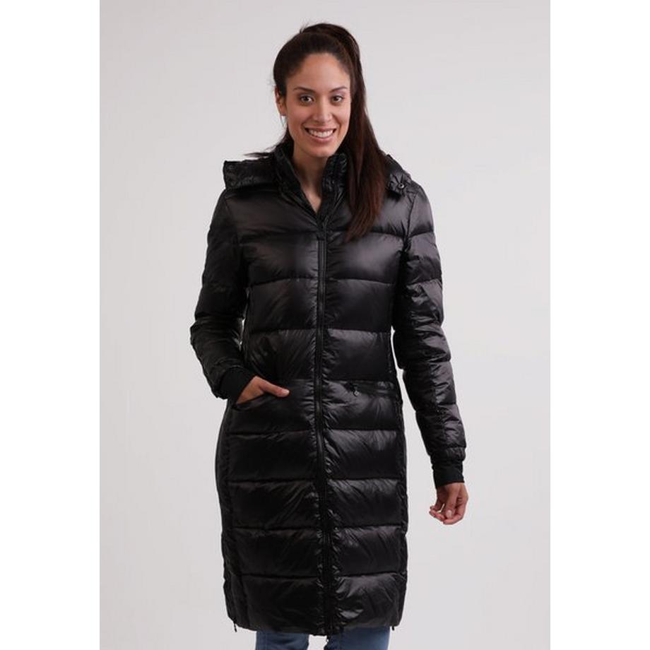 CASH-MERE.CH Long Manteau Matelassé en Duvet avec Capuche et Doublure Cachemire Aspect Brillant  