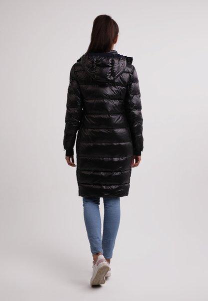 CASH-MERE.CH Langer Daunenmantel mit Kapuze und Kaschmirfutter glänzende Optik  