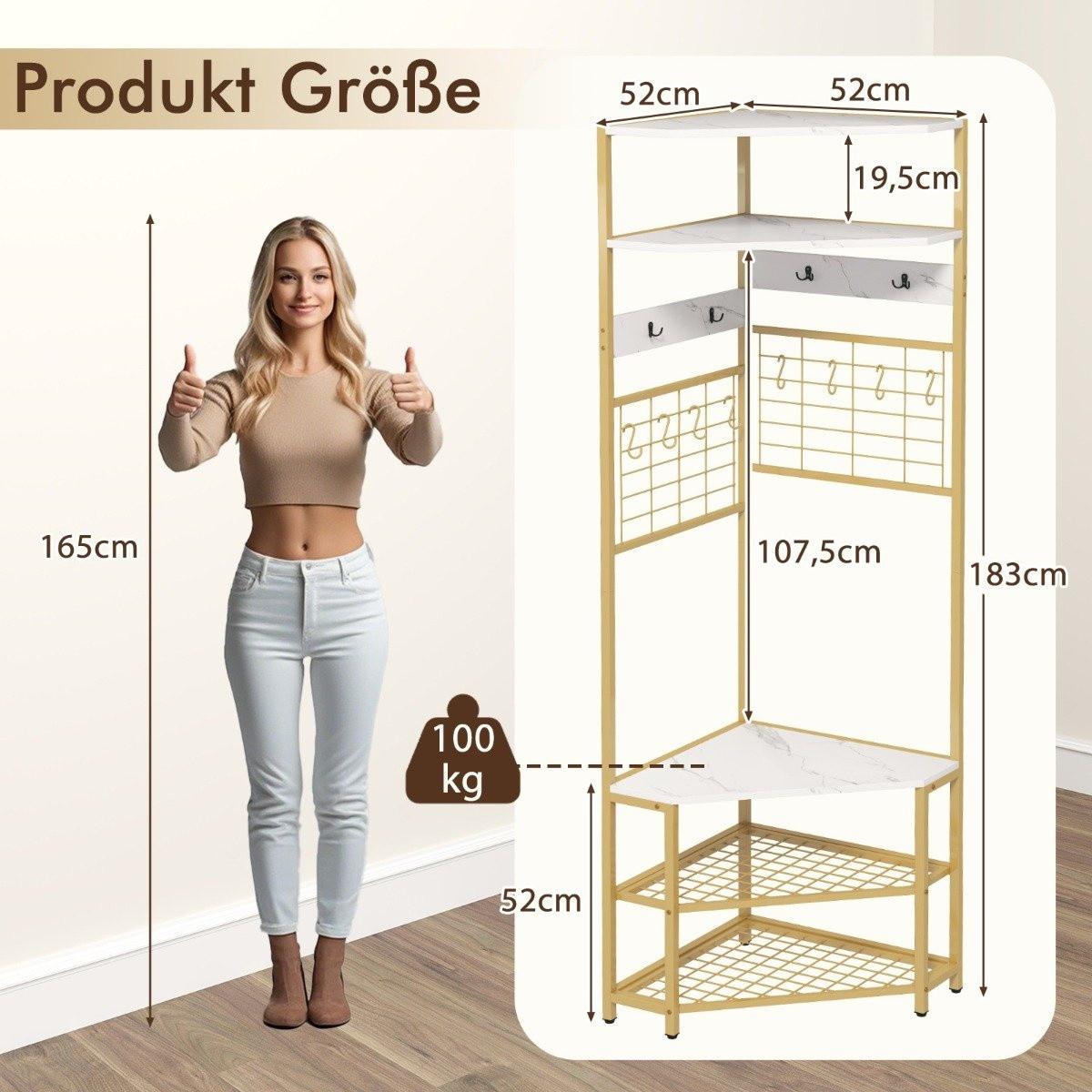 Northix Portemanteau d'angle avec banc à chaussures & Portant à vêtements autoportant 12 crochets métalliques blanc  