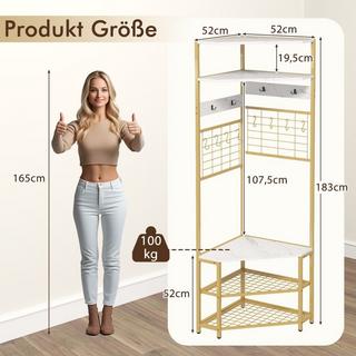 Northix Portemanteau d'angle avec banc à chaussures & Portant à vêtements autoportant 12 crochets métalliques blanc  