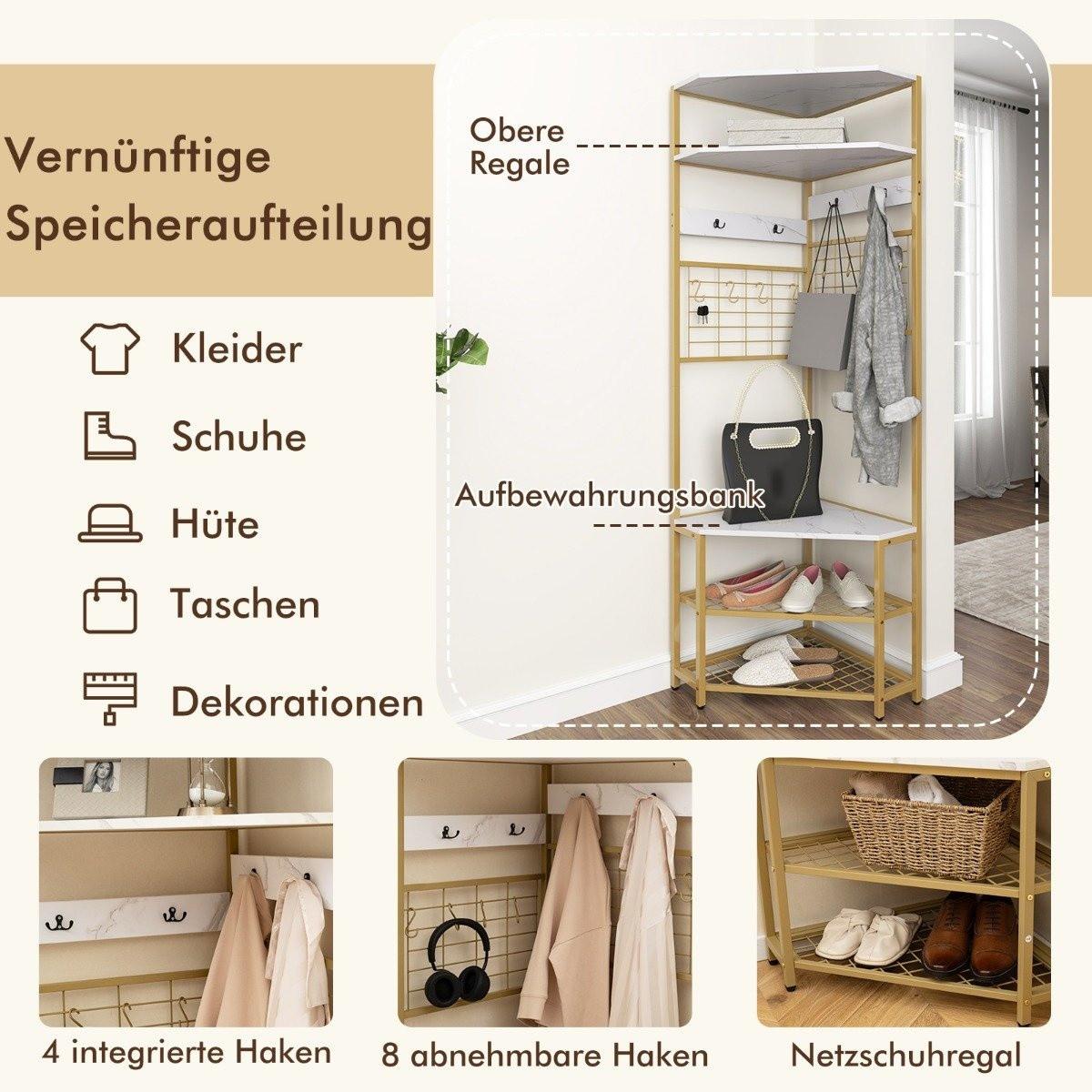 Northix Portemanteau d'angle avec banc à chaussures & Portant à vêtements autoportant 12 crochets métalliques blanc  