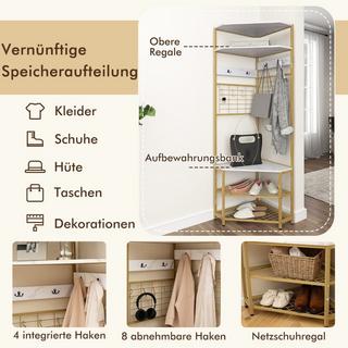 Northix Portemanteau d'angle avec banc à chaussures & Portant à vêtements autoportant 12 crochets métalliques blanc  