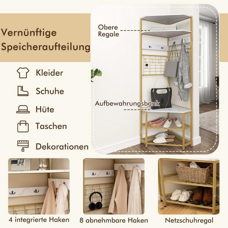Northix Appendiabiti ad angolo con panca per scarpe & Appendiabiti da terra con 12 ganci in metallo bianco  