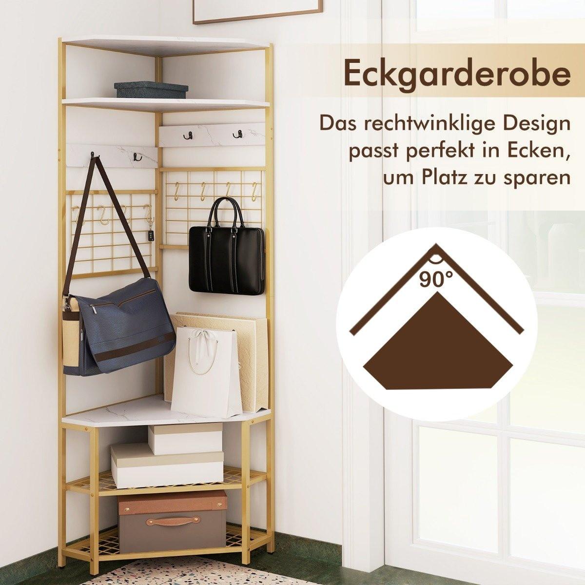 Northix Portemanteau d'angle avec banc à chaussures & Portant à vêtements autoportant 12 crochets métalliques blanc  