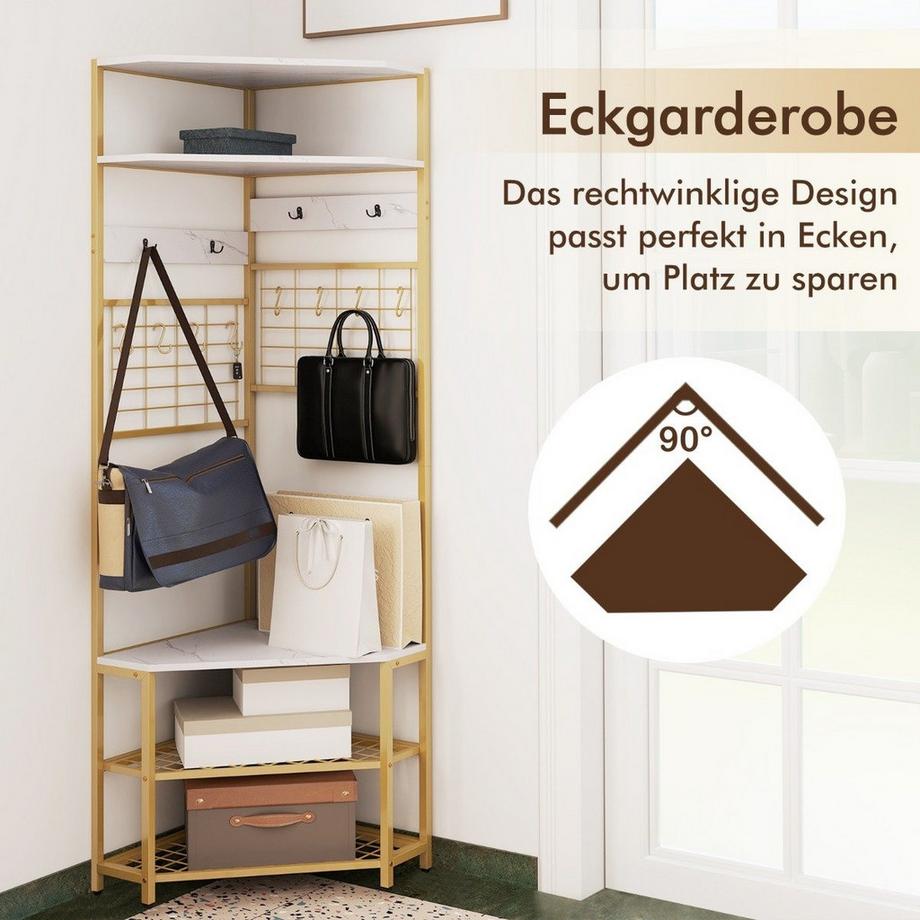 Northix Appendiabiti ad angolo con panca per scarpe & Appendiabiti da terra con 12 ganci in metallo bianco  