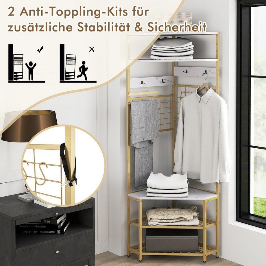 Northix Appendiabiti ad angolo con panca per scarpe & Appendiabiti da terra con 12 ganci in metallo bianco  