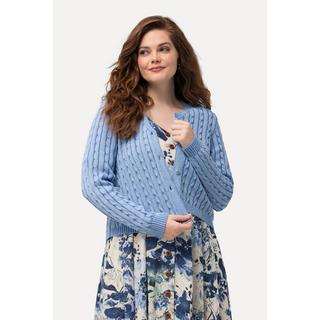 Ulla Popken  Cardigan fine maille deux tons, encolure en V et patte de boutonnage, motif torsadé 