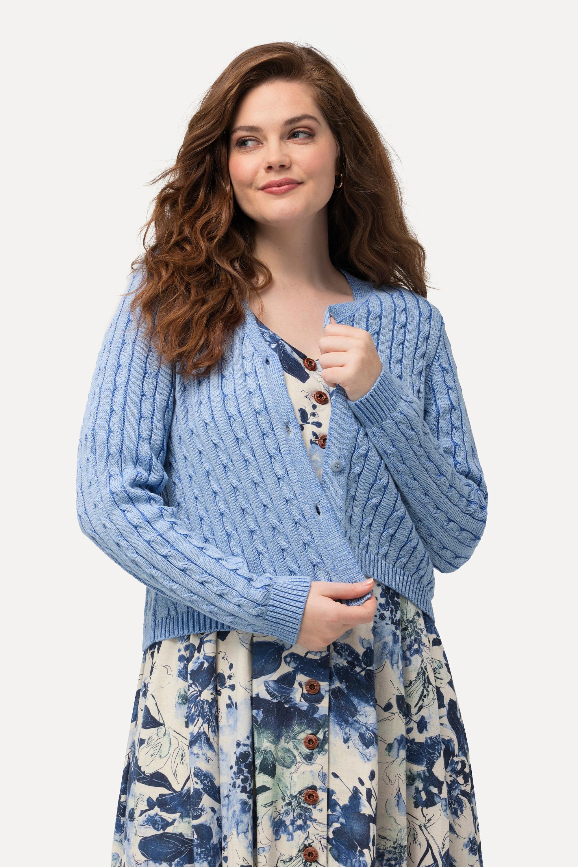 Ulla Popken  Cardigan fine maille deux tons, encolure en V et patte de boutonnage, motif torsadé 