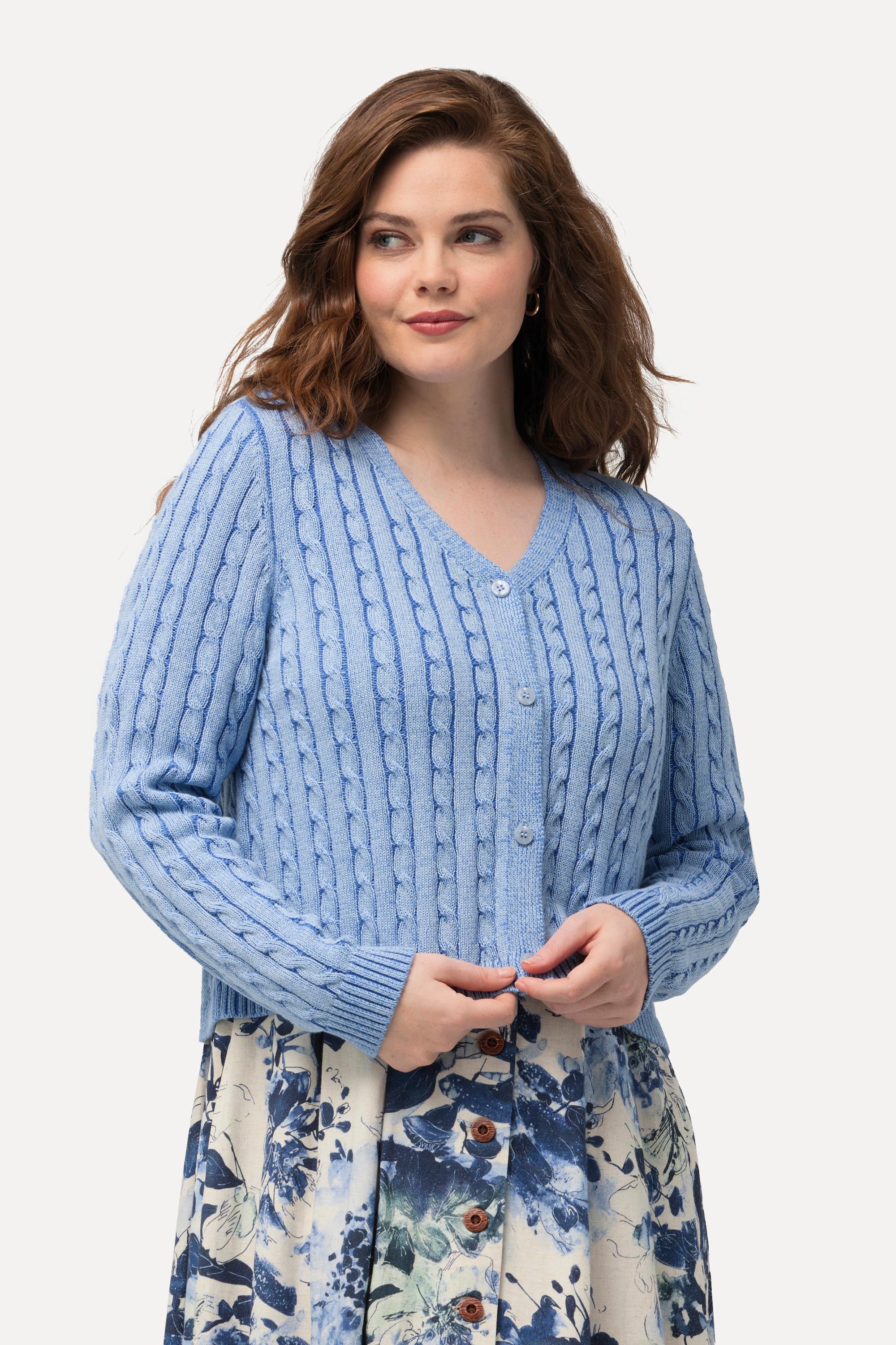 Ulla Popken  Cardigan fine maille deux tons, encolure en V et patte de boutonnage, motif torsadé 