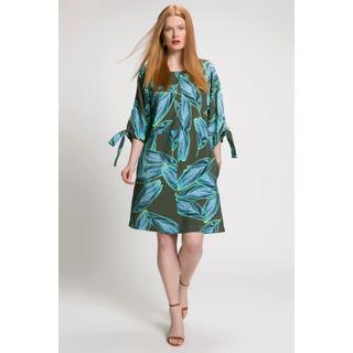 Ulla Popken  Robe midi, feuilles, silhouette trapèze, col rond, manches chauve-souris 3/4 