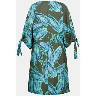 Ulla Popken  Robe midi, feuilles, silhouette trapèze, col rond, manches chauve-souris 3/4 