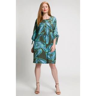 Ulla Popken  Robe midi, feuilles, silhouette trapèze, col rond, manches chauve-souris 3/4 