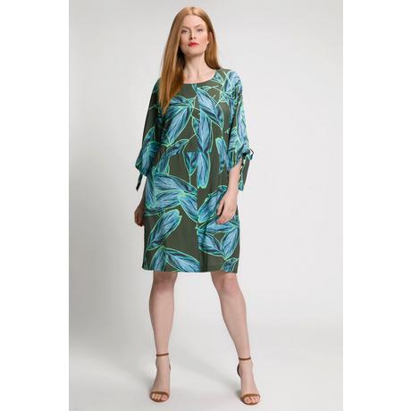 Ulla Popken  Robe midi, feuilles, silhouette trapèze, col rond, manches chauve-souris 3/4 