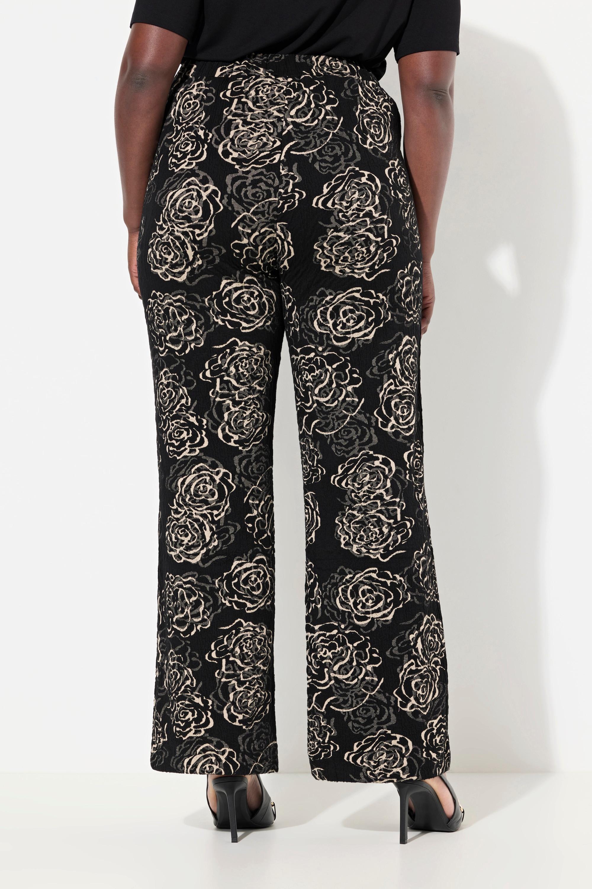 Ulla Popken  Pantalon en jersey, motif Jacquard à fleurs, jambe large et taille élastique 