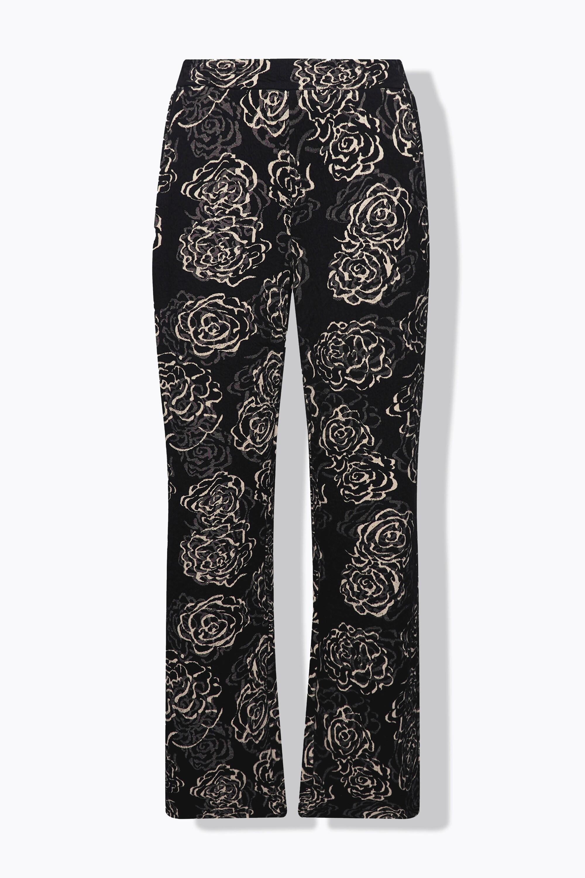 Ulla Popken  Pantalon en jersey, motif Jacquard à fleurs, jambe large et taille élastique 