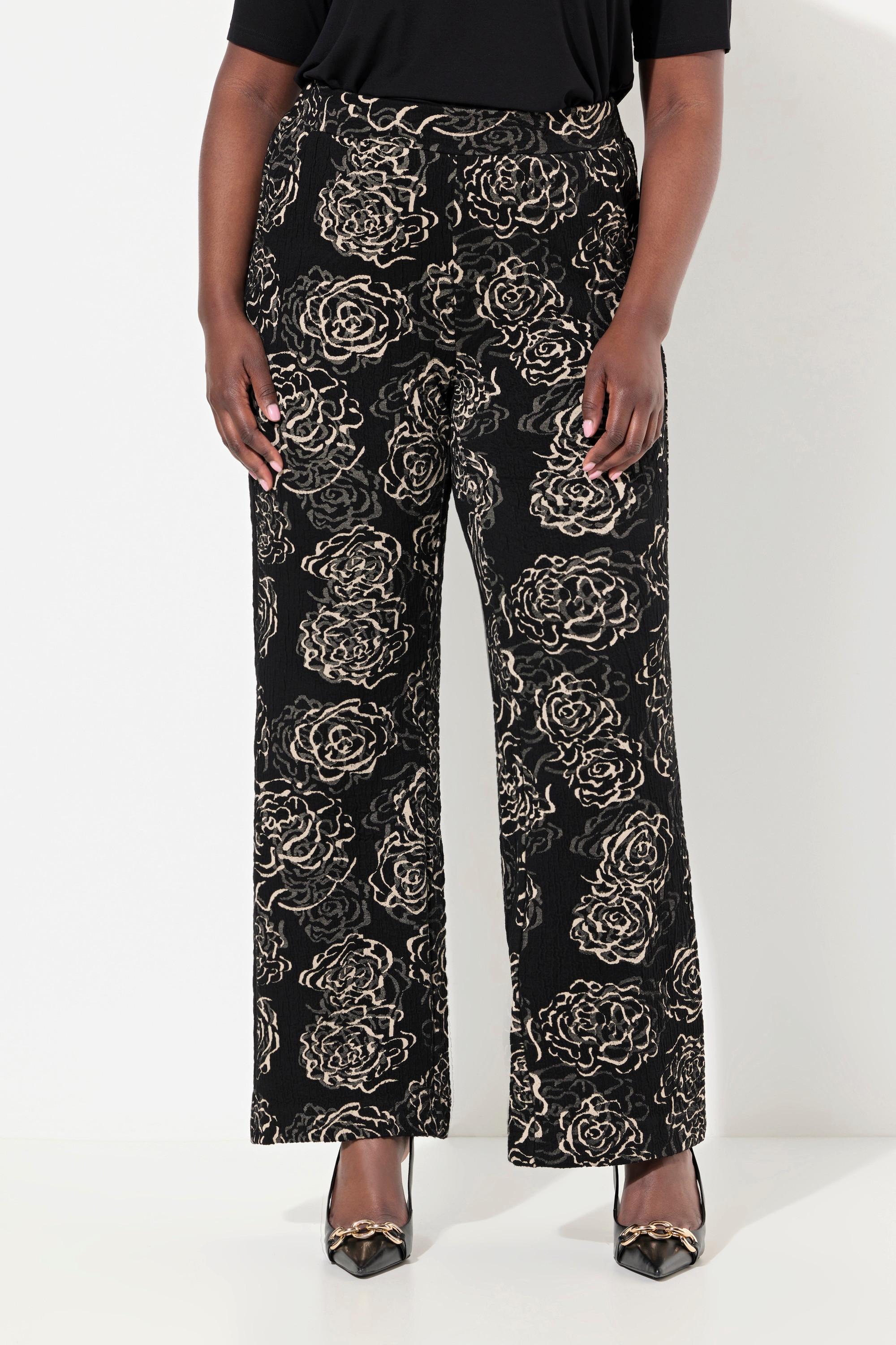 Ulla Popken  Pantalon en jersey, motif Jacquard à fleurs, jambe large et taille élastique 