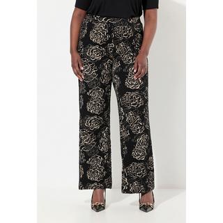 Ulla Popken  Pantalon en jersey, motif Jacquard à fleurs, jambe large et taille élastique 