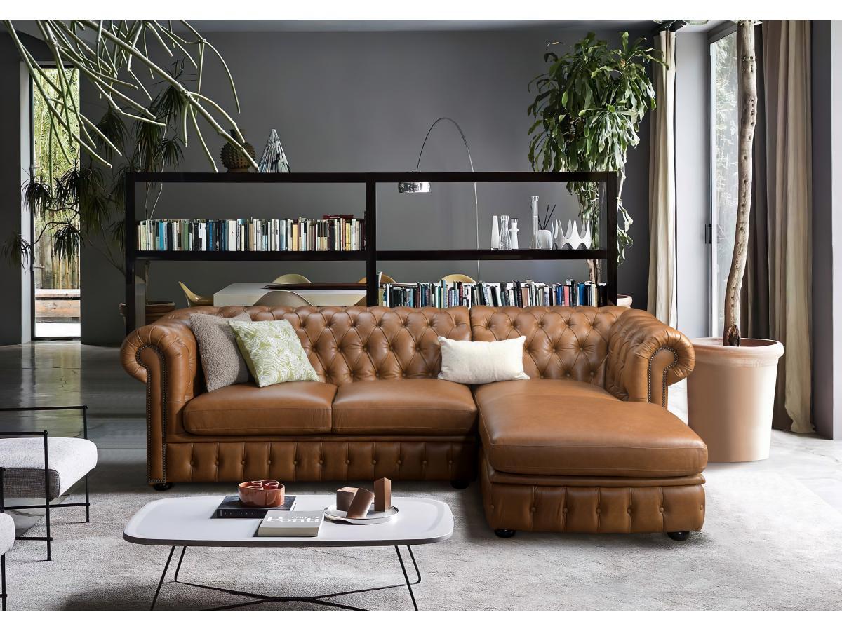 Vente-unique Chesterfield Ecksofa Büffelleder Ecke Rechs Karamell BRENTON  