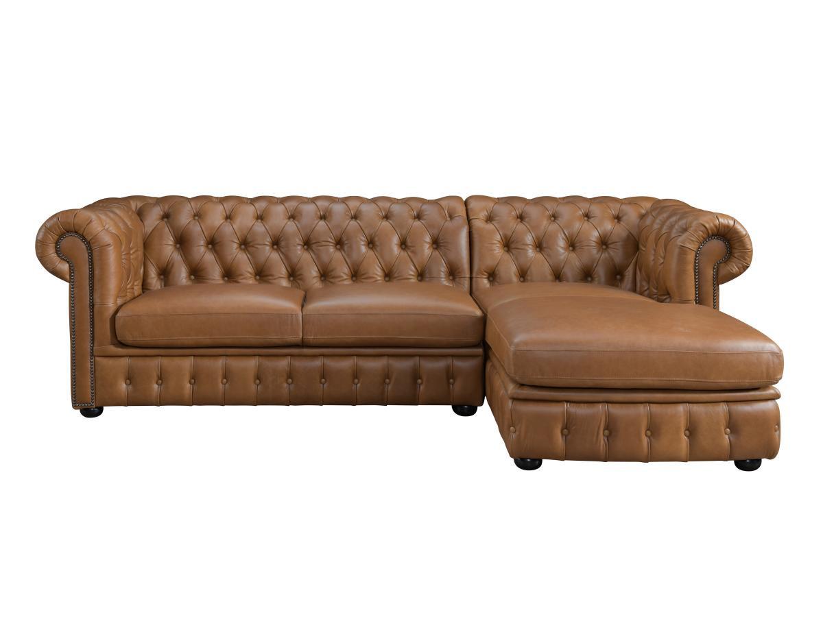 Vente-unique Chesterfield Ecksofa Büffelleder Ecke Rechs Karamell BRENTON  