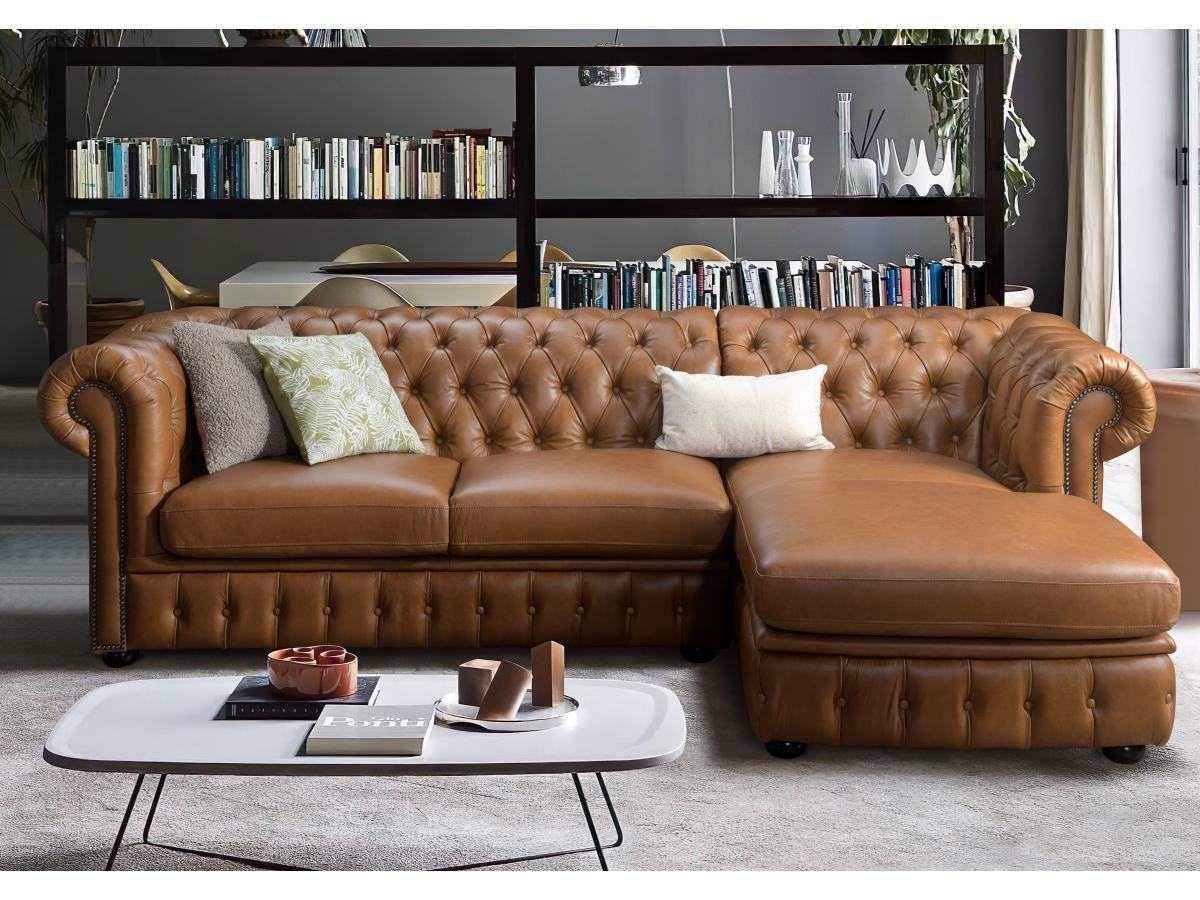 Vente-unique Chesterfield Ecksofa Büffelleder Ecke Rechs Karamell BRENTON  