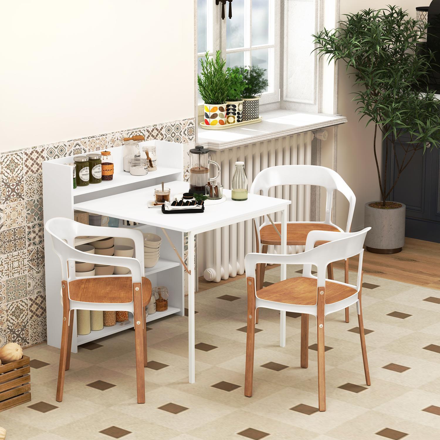 Northio Table à manger table de cuisine pliante avec 4 étagères pour 3 personnes, table pliante avec protection anti-basculement pour petites pièces, cuisine, salle à manger, 80 x 90 x 93 cm, blanc  