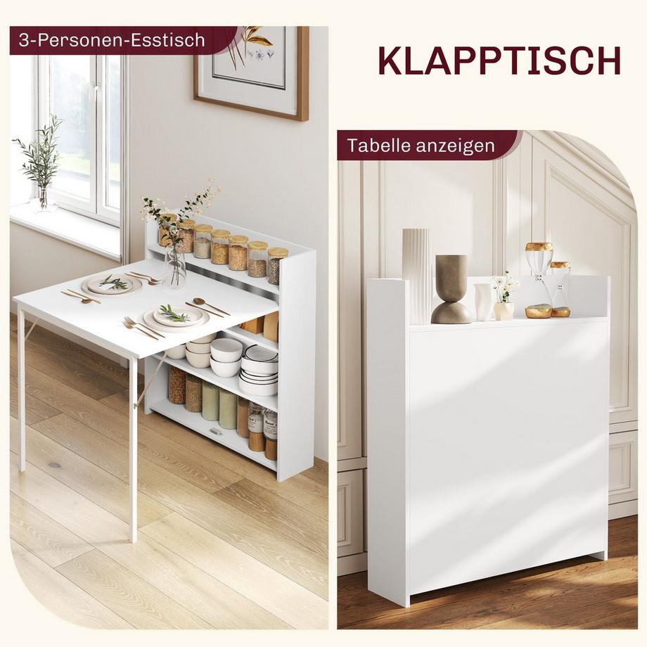 Northio Esstisch Klappbar Küchentisch mit 4-stufigen Regalen für 3 Personen, Klapptisch mit Anti-Kipp-Schutz für kleine Räume, Küche, Esszimmer, 80 x 90 x 93 cm, Weiß  